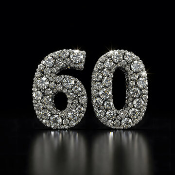 Prestigious Diamond Number 60: Sparkling Sixty Gem for 60th Anniversary or Birthday Celebration. Luxurious 3D render, isolated on reflective black background.