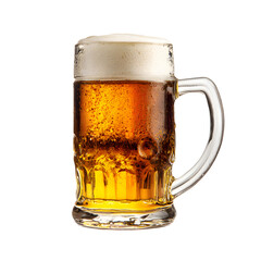 A frosty mug of golden lager beer with a thick white foamy head sits isolated on a clean white background, showcasing its refreshing and inviting appearance perfectly.