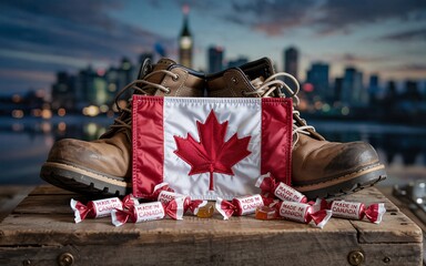 autumn Ontario, Canada, Canadian boots, flag, and candy on wooden crate