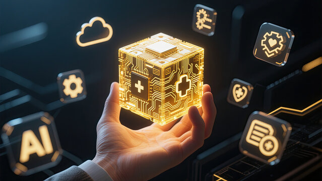 Futuristic health technology concept featuring glowing circuit board cube held in hand with floating icons - Powered by Adobe
