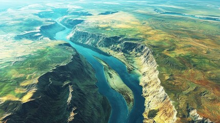High-angle view of a winding river carving through diverse terrain.