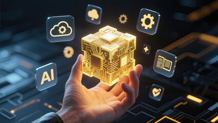 Futuristic ai computing cube held in hand representing advanced technology digital transformation and cloud computing