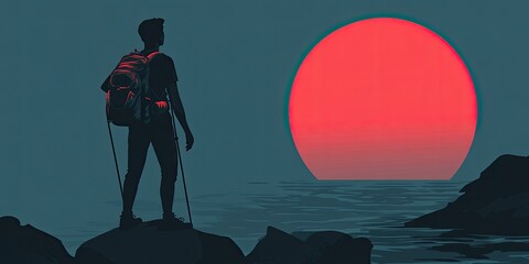 Naklejka premium Hiker Silhouetted Against Retro Sunset Over the Sea.