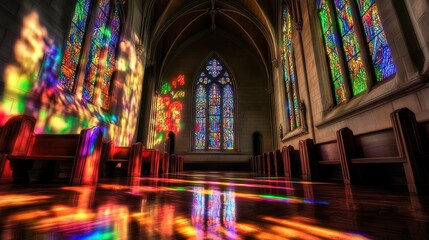 Obraz premium Dark cathedral interior, radiant stained glass windows creating colorful reflections on aged stone, quiet and mystical atmosphere, centered perspective. 