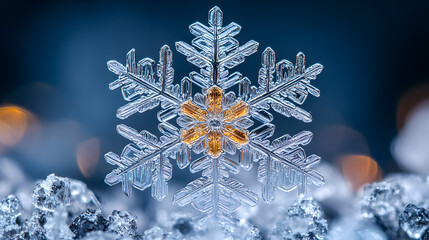 Snowflake crystal macro glowing with reflected light and showing delicate structure
