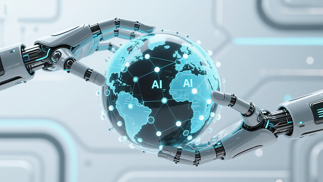 Robotic hands embracing a digital globe representing artificial intelligence and global connectivity concepts