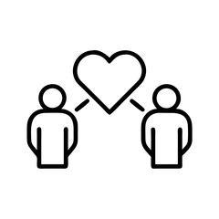 Minimalist black outline vector icon of two people side by side with a heart connecting them. A simple and elegant design symbolizing love, emotional connection, and mutual support.