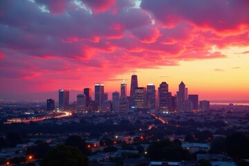 Fototapeta premium Sunset hues paint cloudy sky above San Diego's downtown skyline , photography, coast