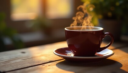 Obraz premium Steaming mug of coffee, dark roast, late afternoon light, evening, cream