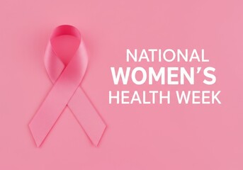 Pink ribbon with national women's health week text on a pink background