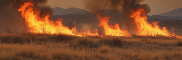 Fototapeta premium Wildfire raging through dry grass, intense flames , dry, bushfire, brushfire
