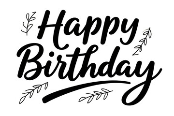 Minimalist black and white Happy Birthday calligraphy on a soft beige background, featuring cake and balloons, perfect for simple and elegant birthday designs, transparent PNG clipart.

