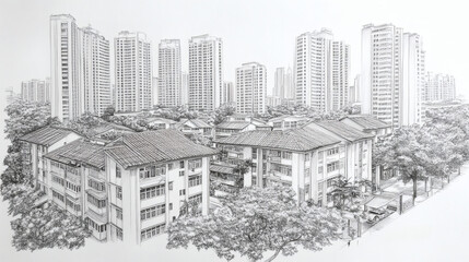 Fototapeta premium Pencil drawing cityscape architecture