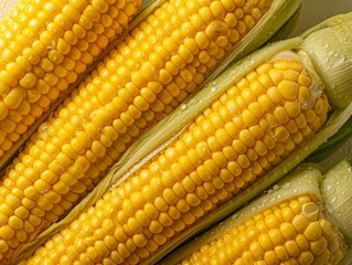 Fresh Corn Seamless Background with Glistening Droplets of Water in Top Down View for Food Advertising Photography