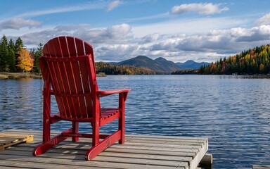 autumn Ontario, Canada, Red Adirondack Chair on Lakeside Dock, Autumn View