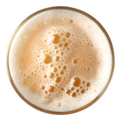 A refreshing glass of light beer showcases a frothy white head with varying bubble sizes, creating an appealing and inviting visual on a plain white background.