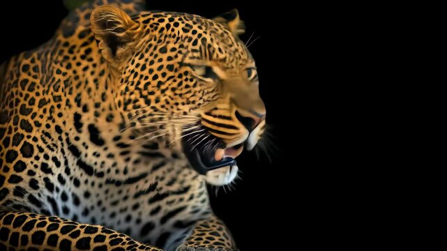 Angry snarling leopard, powerful wildlife predator close-up on black background. Intense animal ferocity, 4K video footage, untamed nature concept.