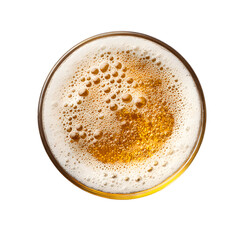 An overhead shot shows a refreshing glass of golden beer with frothy white head and bubbles against a clean white background creating an inviting image perfect for ads.