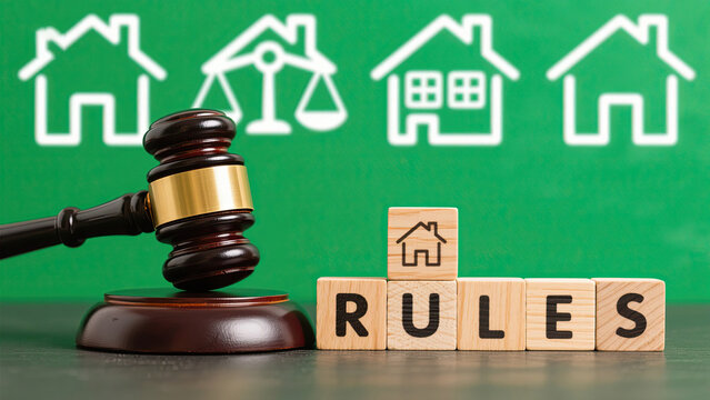 Gavel near house icons with word rules representing housing regulations and legal matters related to property.
