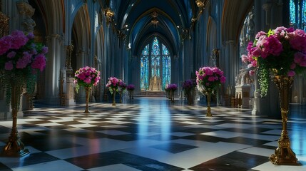 Elegant cathedral nave, intricate carvings glowing under soft light, stained glass illuminating floral arrangements, checkerboard marble floor reflecting vibrant hues, wide-angle framing. 