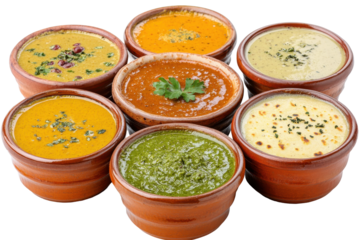Ring of earthly pots each swimming with colorful garnished flavors