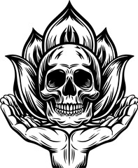 Obraz premium SVG vector featuring a beautifully detailed skull with floral designs. Skull Surrounded by Lotus Flower in Artistic Black and White Design