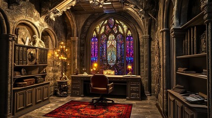 Obraz premium Elegant Gothic-themed home office, ornate stone archways and glowing stained glass windows, intricate carvings adorning walls, dramatic upward framing. 