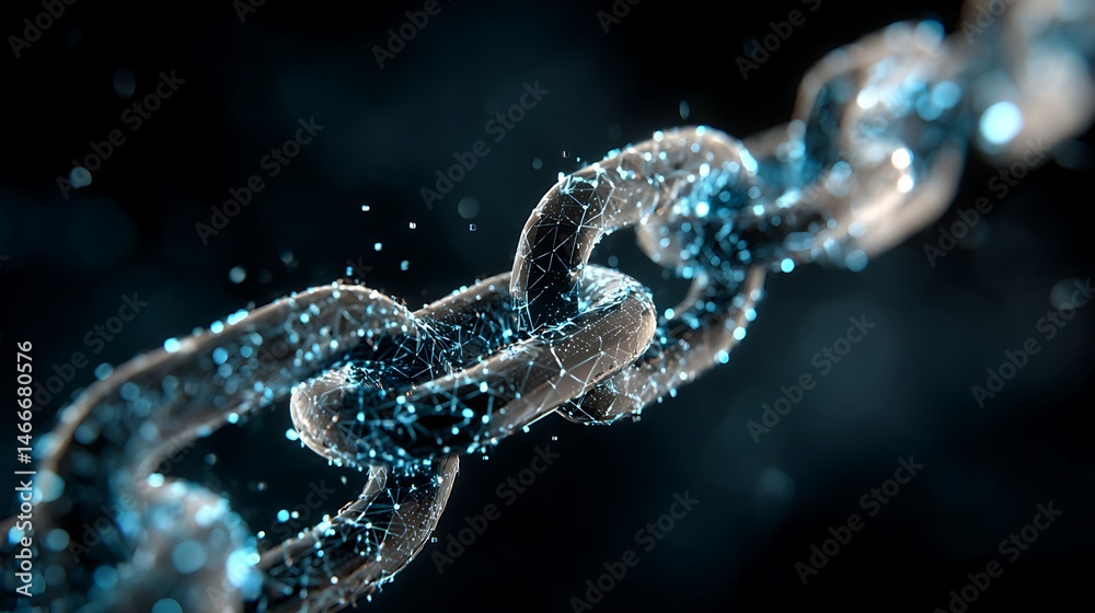 Aufkleber a close, up of the digital chain symbolizing blockchain technology, glowing in shades of blue and si