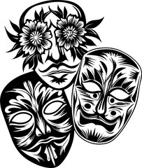 Fototapeta premium SVG vector featuring a beautifully detailed skull with floral designs. Artistic Black and White Masks with Flowers and Intricate Designs