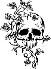 Fototapeta premium SVG vector featuring a beautifully detailed skull with floral designs. Intricate Skull Design with Vines and Ivy for Artistic Creations