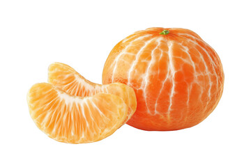 Fresh ripe mandarin orange segments and whole fruit isolated on delicious juicy citrus fruit healthy on transparent background