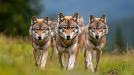Wolf pack traversing lush green meadow in national park