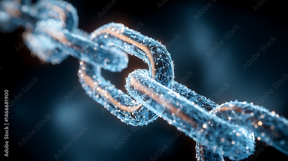 Aufkleber A close, up of the digital chain symbolizing blockchain technology, glowing in shades of blue and silver against an abstract dark background