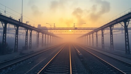 Misty morning train tracks into sunrise