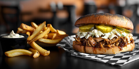 Creative food template. BBQ pulled pork Sandwich burger with mayo slaw, pickles, toasted poppyseed bun on black white takeaway paper with tartar sauce and fries in restaurant cafe. copy text space	
