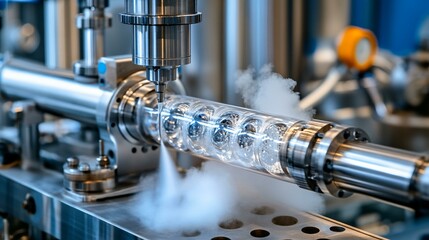 Close-up of biogas purification membranes in an upgrading unit with droplets of condensed water and clean gas flowing into a compression chamber for vehicle fuel applications