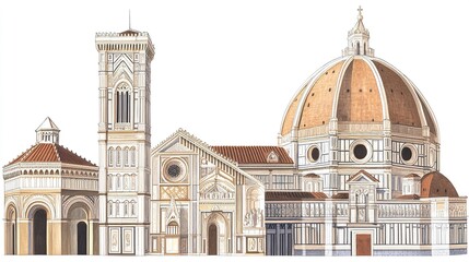 Obraz premium Florence Cathedral's stunning architecture, intricate patterns and statues on the marble facade, Brunelleschi's terracotta dome rising high, clean white background enhancing the design 