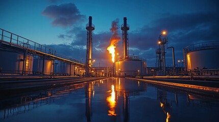 Fototapeta premium Dynamic shot of biogas flames burning steadily from a flare stack at dusk with silhouetted digesters and glowing safety lights in a renewable energy complex