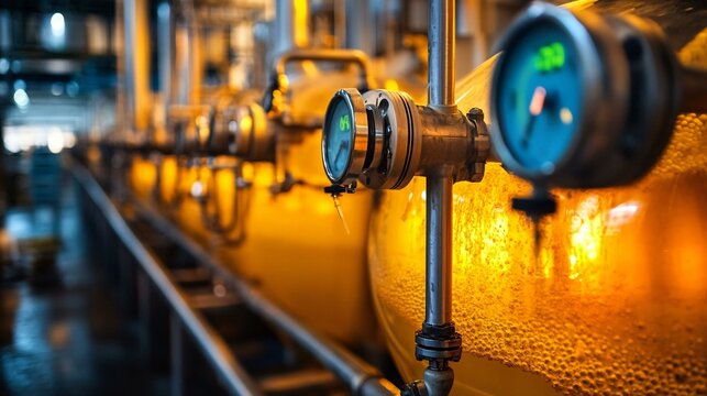Close-up of bubbling methanogenic slurry inside a transparent biogas digester tank with digital temperature and pressure gauges displaying optimal renewable energy production metrics