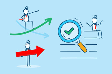 Dynamic Business Illustration Featuring Stick Figures Representing Growth Strategy, Analytics, and Decision Making in a Professional Environment