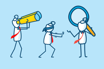 Teamwork and Analysis Business Illustration with Characters Using a Telescope and Magnifying Glass for Strategic Insights and Goal Setting