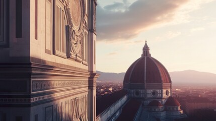 Florence Duomo at sunrise, the terracotta dome glowing warmly, intricate marble facade in soft light, with the bell tower beside, wide panoramic shot.  