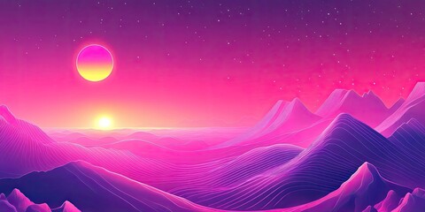 Vaporwave Sunset Synthwave Retro Landscape with Glowing Sun and Stars.