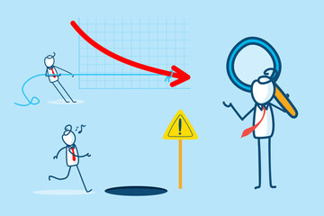 Business Illustration Featuring Stick Figure Characters Engaging in Risk Analysis with Magnifying Glass and Caution Sign Elements