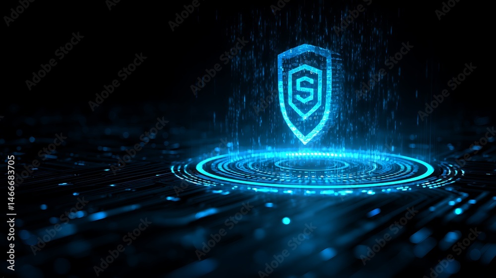 Poster a futuristic, glowing shield icon with a lock symbol in the center, representing cybersecurity and d