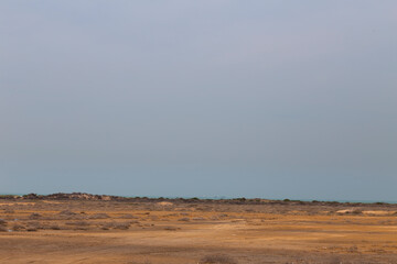 A barren, arid landscape stretches toward the horizon under a muted sky, with sparse desert shrubs and a distant glimpse of the sea on the edge. Bushehr, Iran. 