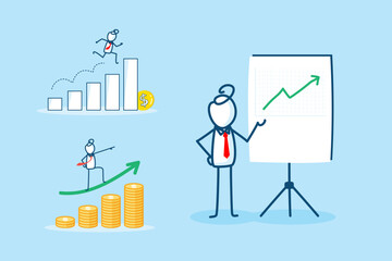 Illustration of Businessman Presenting Financial Growth Data with Charts and Graphs in a Bright Office Environment