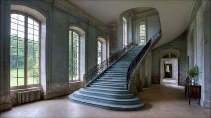 Elegant light-blue hall with large curved staircase, arched windows, and metal railing