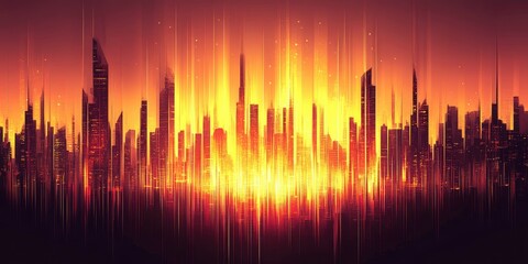 Fototapeta premium Fiery Skyline Abstract Cityscape Glows with Orange Red Light.
