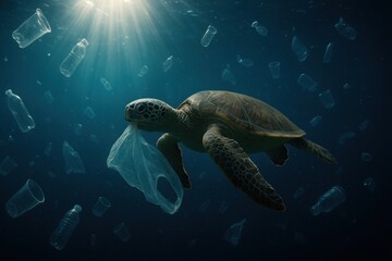 Fototapeta premium Sea turtle underwater surrounded by plastic pollution, highlighting environmental issues.